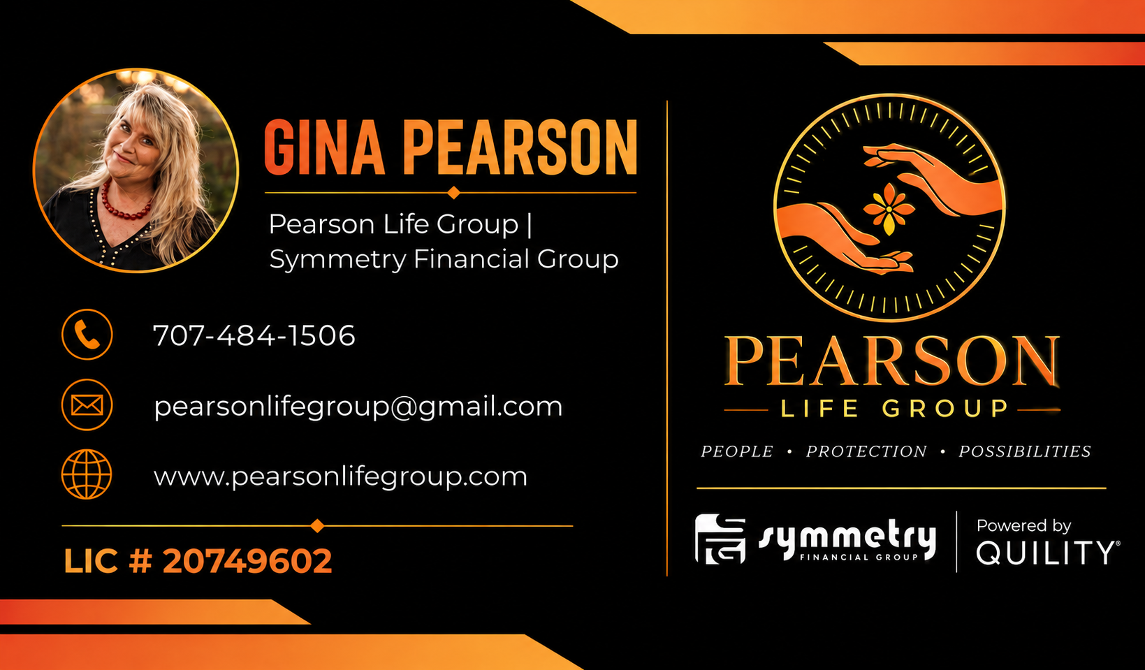 Gina Pearson – Pearson Life Group business card showing phone 707-484-1506, email pearsonlifegroup@gmail.com, and license number 20749602